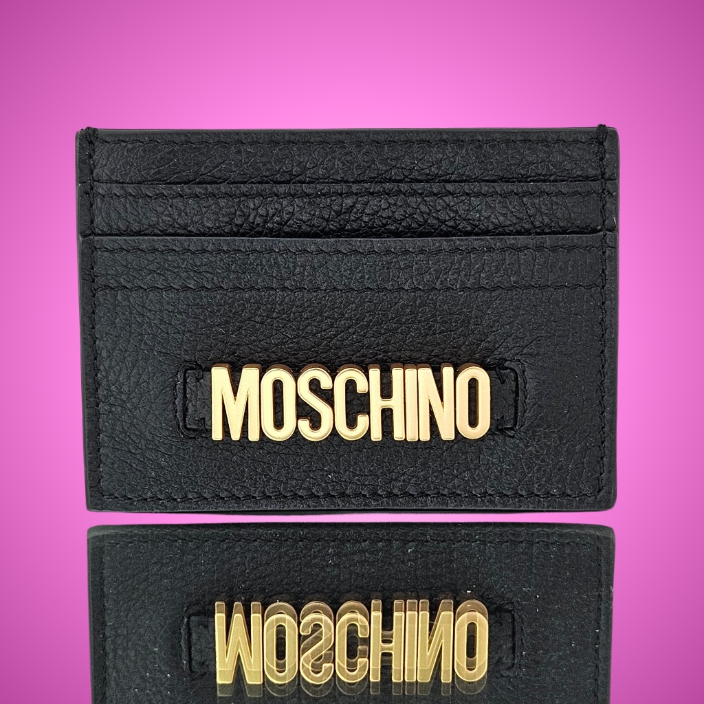 Moschino Card Case 3" X 4" Black Gold Leather Logo Card Wallet Card Holder Gift